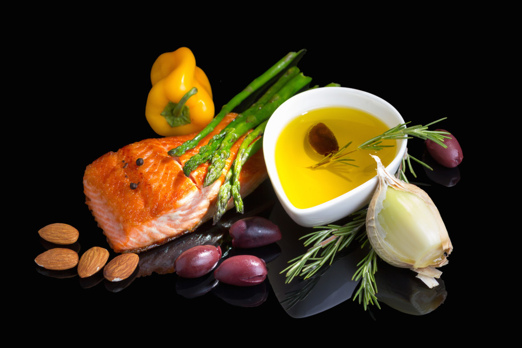 Foods such as salmon contain Omega-3 fatty acids, which are part of a healthy anti-inflammatory diet. 